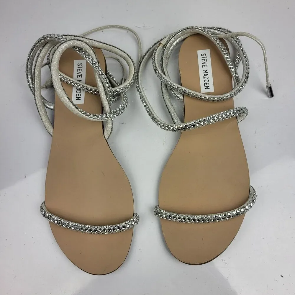 STEVE MADDEN tellers Women's Silver Strappy Rhinestone Wedding Flat Sandal